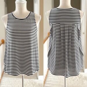 Kaari Blue Womens XS Black White Striped Sleeveless Pleated Back Tank Top